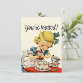 Retro Verjaardagsmeisje Cake Kat Kinderen Kunstwer Kaart (Staand voorkant)