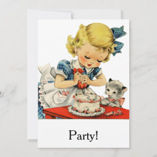 Retro verjaardagsmeisjestaart kat kinderen kunstwe kaart