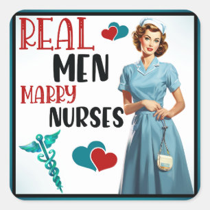Retro Verpleegster Pinup_ Echte Mannen Trouwen Ver Vierkante Sticker