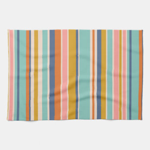 Retro verticaal oranje blauw en geel roze strepen theedoek