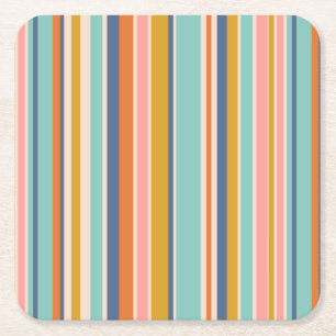 Retro verticaal oranje blauw en geel roze strepen vierkante kartonnen onderzetter
