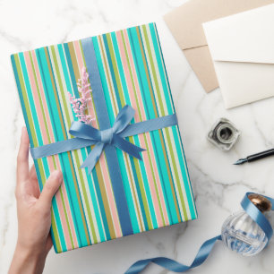 Retro verticale roze turquoise en perzikstrepen cadeaupapier