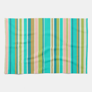 Retro verticale roze turquoise en perzikstrepen theedoek