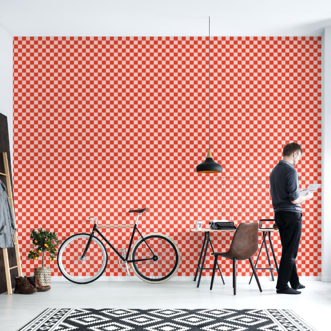 Retro vet rood en wit geometrisch schaakbord behang (Woonkamer)