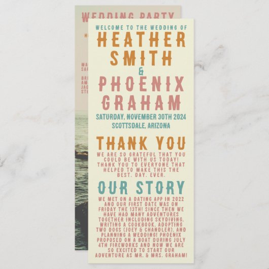 Retro Vette Typografie Heldere Foto Bruiloft Programma (Voorkant / Achterkant)