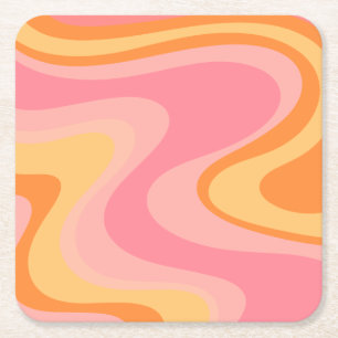 Retro Vibe Abstract wervelkolom 60s 70s Roze en Or Vierkante Kartonnen Onderzetter