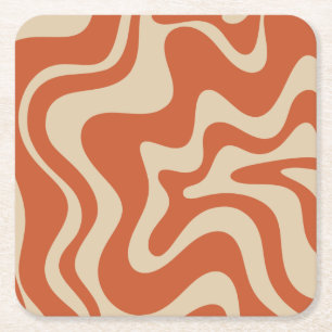 Retro Vibe Liquid Swirl Abstract Patroon Oranje Vierkante Kartonnen Onderzetter