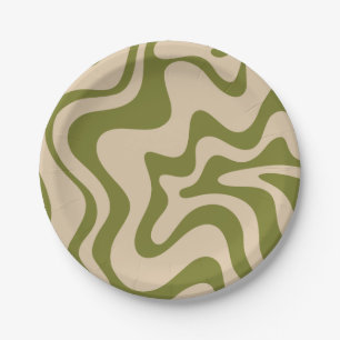 Retro Vibe Liquid Swirl Patroon in Olive Green Papieren Bordje
