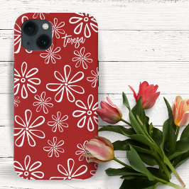 Retro Vibe Red en White Floral Aangepast iPhone 13 Hoesje