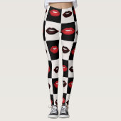 Retro Vibes Checkerboard Hot Red Lips Patroon Leggings (Voorkant)