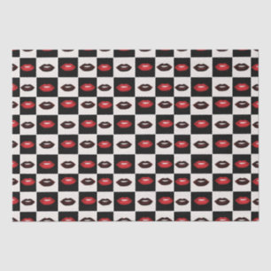 Retro Vibes Rode Lippen Zwart-wit Checkerboard Tissuepapier