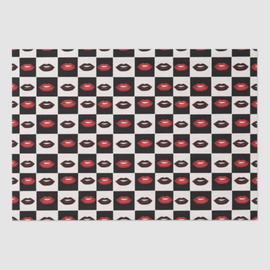 Retro Vibes Rode Lippen Zwart-wit Checkerboard Tissuepapier (Voorkant)