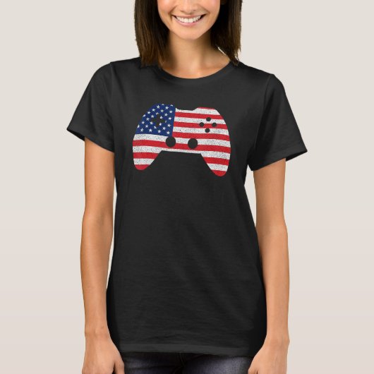 Retro Video Game Controller Amerikaanse vlag 4e va T-shirt (Voorkant)