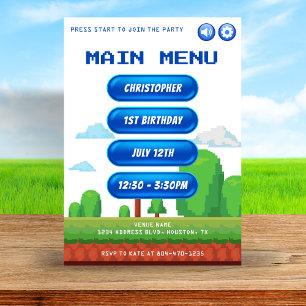 Retro Video Game Menu 1e Verjaardagsfeest Kaart