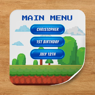 Retro Video Game Menu 1e Verjaardagsfeest Vierkante Sticker