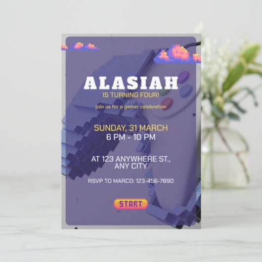 Retro Video Game Verjaardag Party Uitnodiging Gami (Staand voorkant)