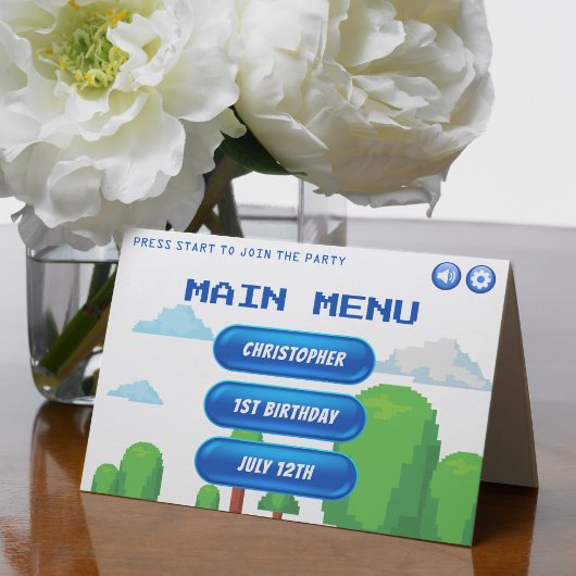 Retro videogame-menu 1e verpartij bedankkaart