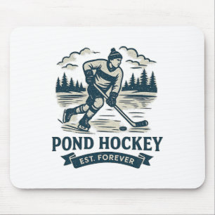 Retro Vijver Hockey Speler Bevroren Meer Winter Muismat