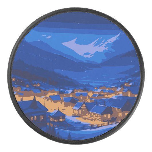 Retro Village Mountain Blue Gold Landschap Hockey Puck (Voorkant)