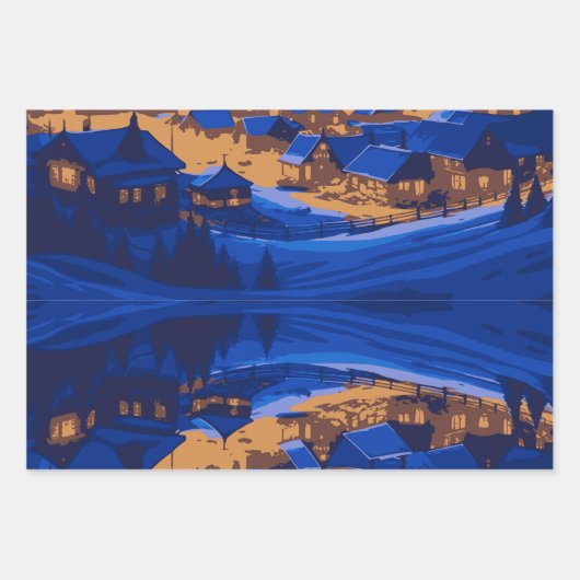 Retro Village Mountain Blue Gold Landschap Inpakpapier Vel (Voorkant 3)