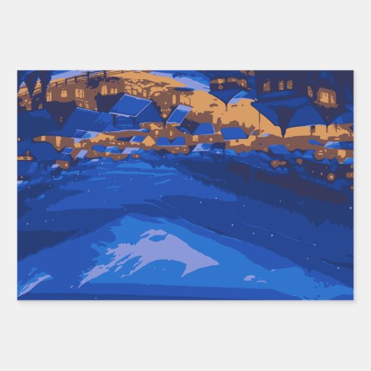 Retro Village Mountain Blue Gold Landschap Inpakpapier Vel (Voorkant 2)