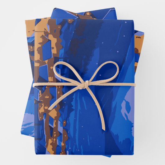 Retro Village Mountain Blue Gold Landschap Inpakpapier Vel (In situ)