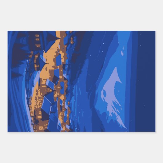 Retro Village Mountain Blue Gold Landschap Inpakpapier Vel (Voorkant)