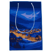 Retro Village Mountain Blue Gold Landschap Medium Cadeauzakje (Voorkant)
