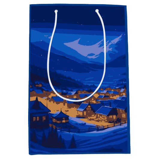 Retro Village Mountain Blue Gold Landschap Medium Cadeauzakje (Voorkant)
