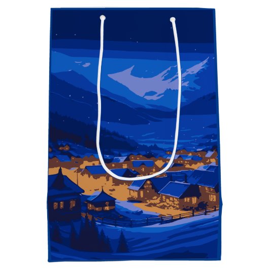 Retro Village Mountain Blue Gold Landschap Medium Cadeauzakje (Achterkant)