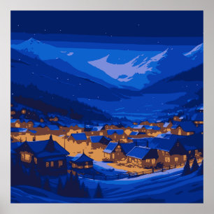 Retro Village Mountain Blue Gold Landschap Poster