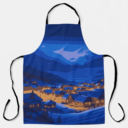 Retro Village Mountain Blue Gold Landschap Schort (Voorkant)