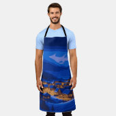 Retro Village Mountain Blue Gold Landschap Schort (Gedragen)