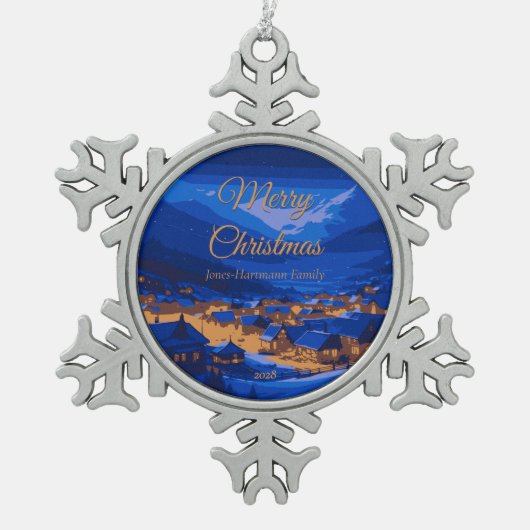 Retro Village Mountain Blue Gold Landschap Tin Sneeuwvlok Ornament (Voorkant)
