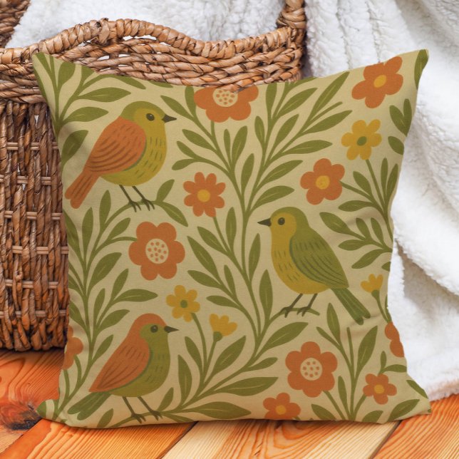 Retro Vintage Aardetinten Olijf Oranje Goud Vogels Kussen (Retro vintage orange, olive green, and gold birds and leaves folk art-style pillow)