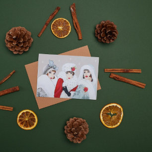 Retro vintage art deco dames Kerstvakantie Feestdagen Kaart