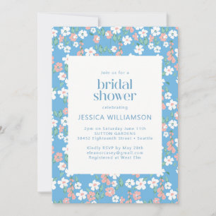 Retro Vintage Boho Blauwe Ditsy Bloemrijke Bruidsu Kaart