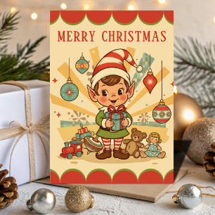 Retro Vintage Elf Werkplaats Kerstmis Feestdagen Kaart