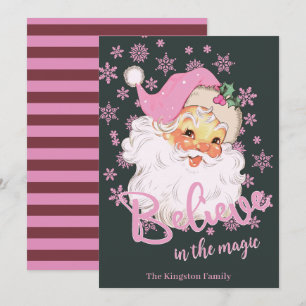 Retro Vintage Geloof in de Magie Roze Kerstman Feestdagenkaart