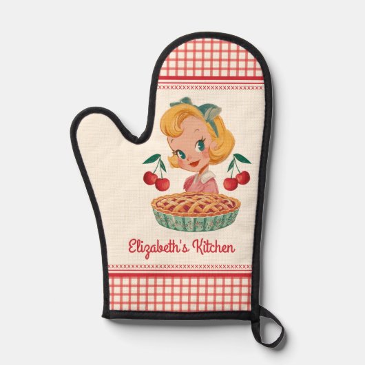 Retro Vintage Gingham Rode Kersen Taart Ovenwant (Voorkant)