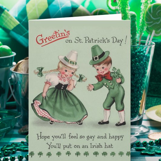 Retro Vintage Jongen & Meisje Custom St Patrick's Feestdagen Kaart