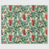 Retro Vintage Kerst Engelen en Bloemen Cadeaupapier (Vlak)