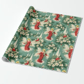 Retro Vintage Kerst Engelen en Bloemen Cadeaupapier (Uitgerold)