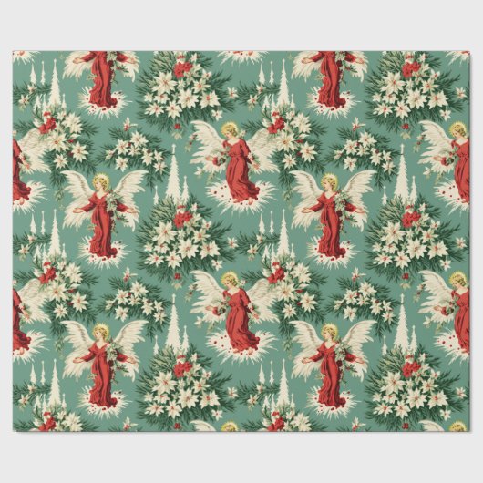 Retro Vintage Kerst Engelen en Bloemen Cadeaupapier (Zoom)