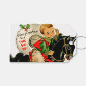 retro vintage kerst jongen paard cadeaulabel (Voorkant (Horizontaal))