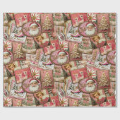 Retro Vintage Kerst: Roze Collage Cadeaupapier (Vlak)
