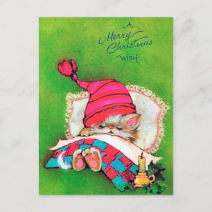 Retro vintage kerst vakantie cat briefkaart