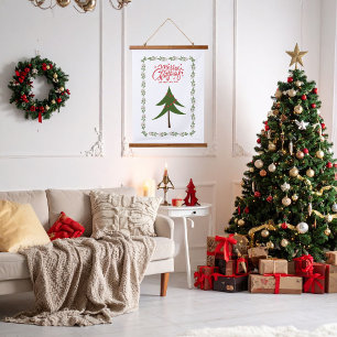 Retro Vintage Kerstboom en Krans Minimalist Hangend Wandkleed