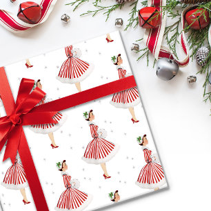 Retro Vintage-kerstdame in rood en wit Cadeaupapier