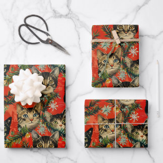 Retro Vintage Kerstkatten Inpakpapier Vel